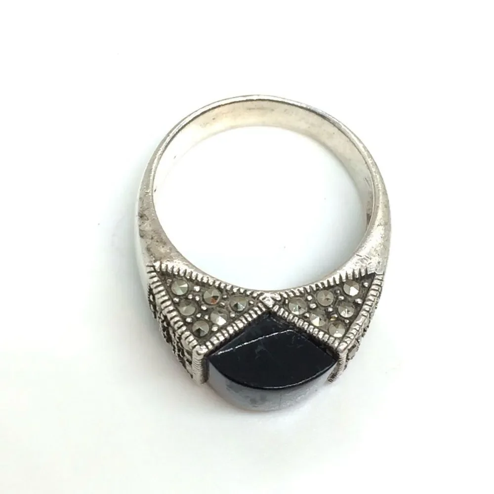 STERLING SILVER RING Black Stone Marcasite Domed Statement Boho Sz 9.25